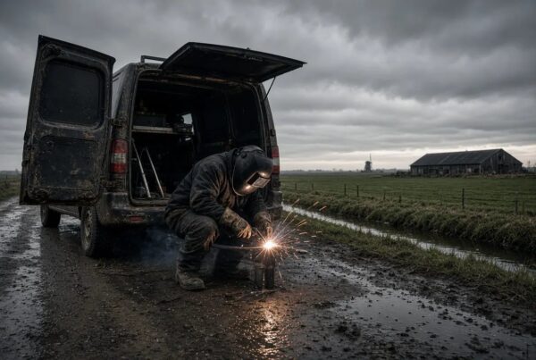 Lasser op locatie naast een bestelbus in de polder
