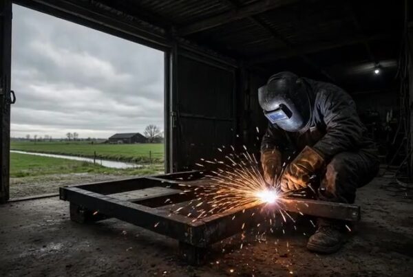 Lasser aan het werk in een schuur met uitzicht op de polder